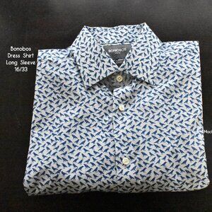 BONOBOS Dress Shirt 16 33 Slim Fit Stretch Blue Print Cotton Blend Machine Wash